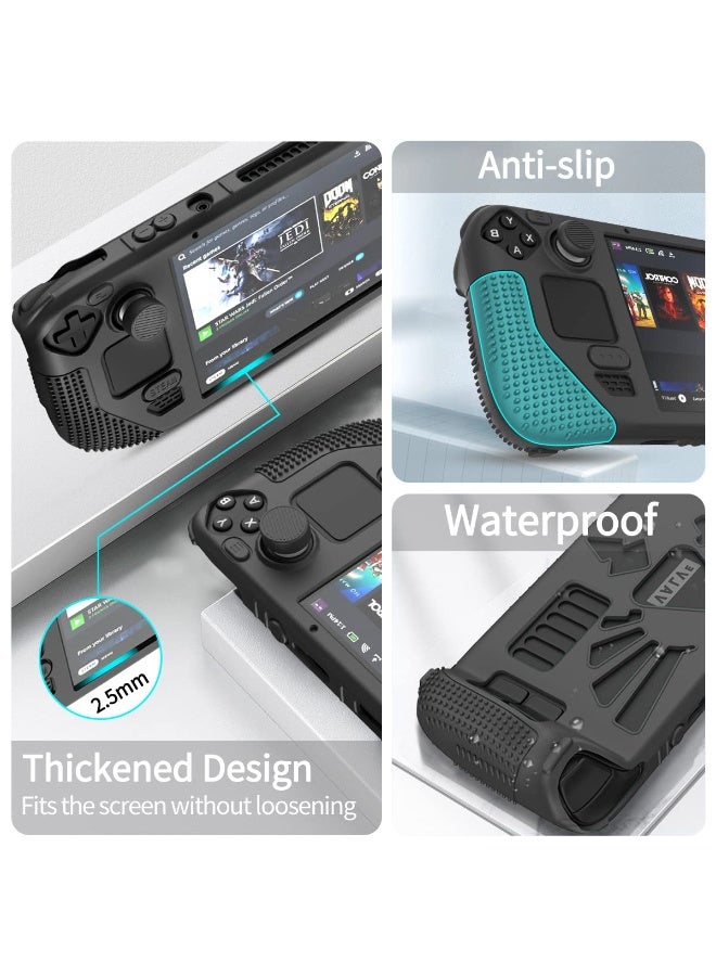 SUIHUOJI Steam Deck/Steam Deck OLED Standing Protective Case, Thickening Silicone Accessories Protector, Soft Cover Skin Shell with 2 Pairs Thumb Grips, Full Protection for Valve Stream Deck (Black) - Image 4